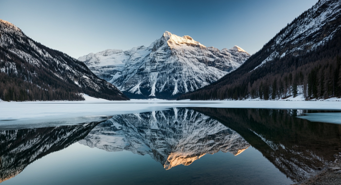 A still mountain lake mirroring snowy peaks
