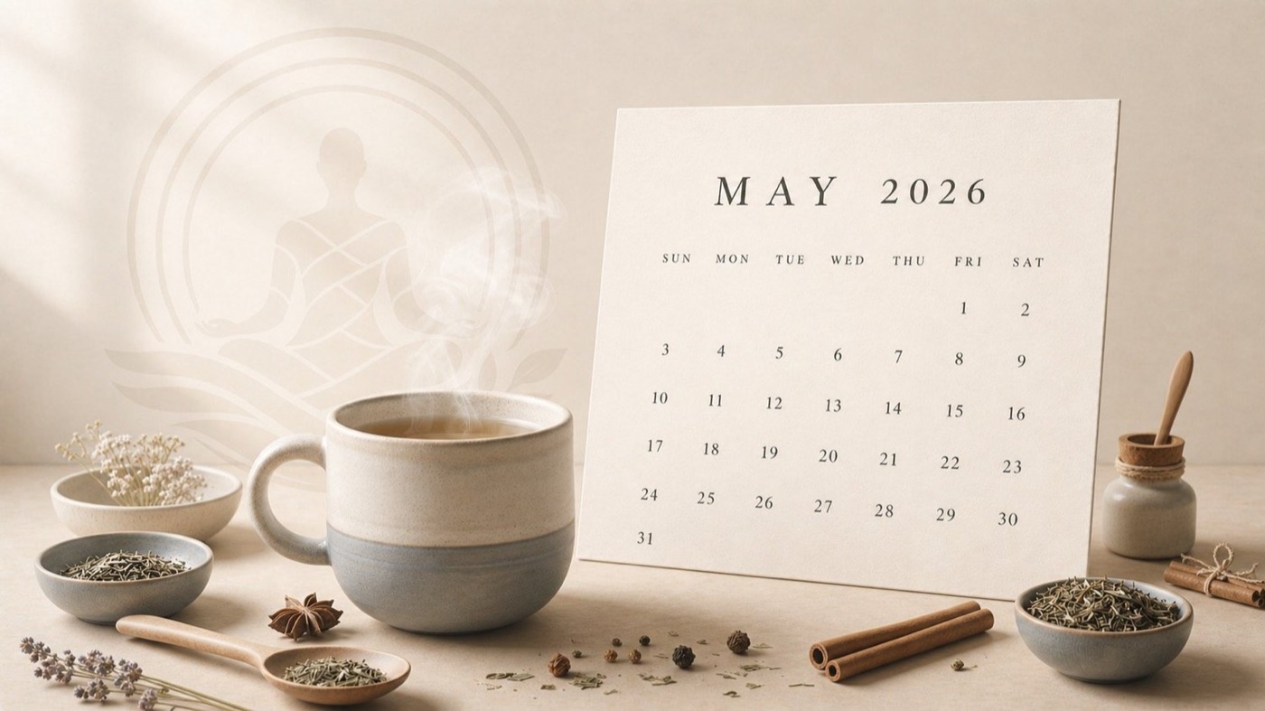 A morning ritual: tea, herbs and a calendar in soft light