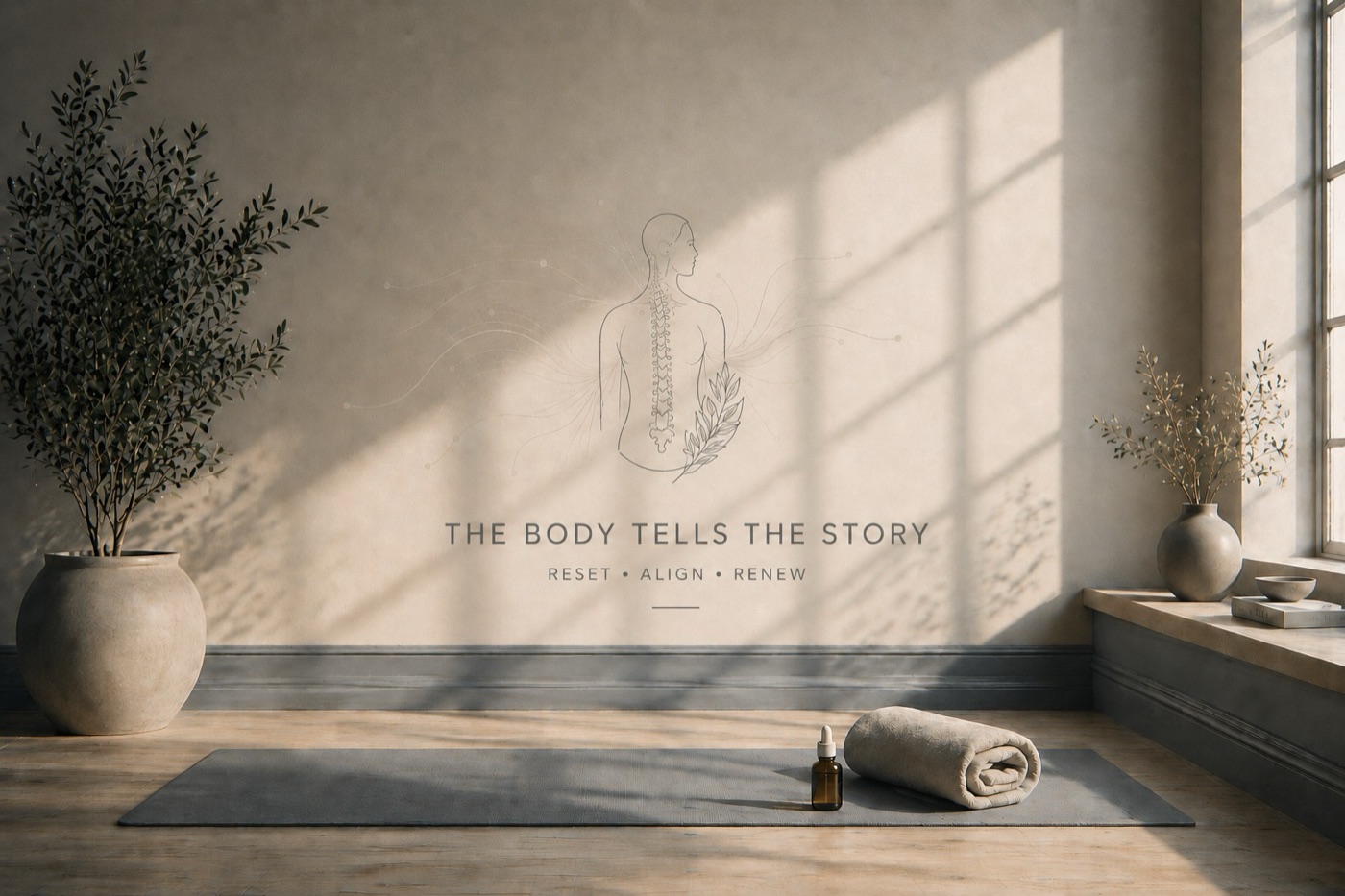 A rolled blanket and a bottle of oil on a mat, in a room set for a BodyTalk session, the words The Body Tells the Story on the wall